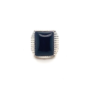 Vintage Sterling Silver Line  Patterned Large Onyx Statement Ring For Men
