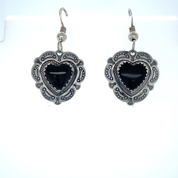 Vintage Sterling Silver Onyx Heart Drop Earrings - image 1