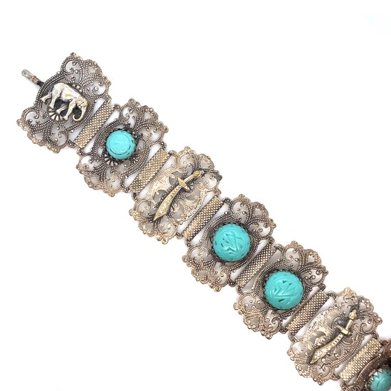 Vintage Wide Silver Toned and Turquoise Tribal In… - image 4