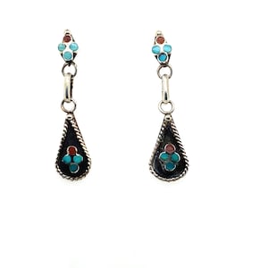Vintage Sterling Silver Turquoise and Coral Zuni Dangle Earrings with Posts