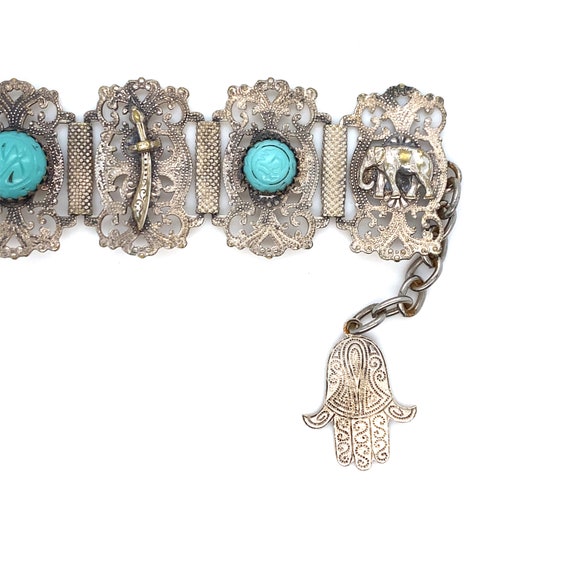 Vintage Wide Silver Toned and Turquoise Tribal In… - image 6