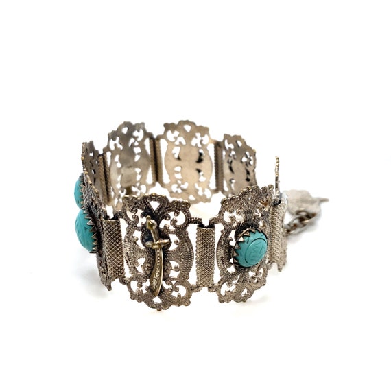 Vintage Wide Silver Toned and Turquoise Tribal In… - image 2