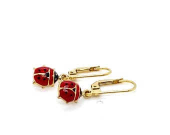 Vintage Gold Drop Earrings Enameled Tiny Ladybugs with Lever Backs