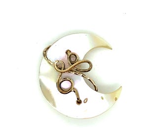Vintage Gold Brooch Mother of Pearl Crescent Moon