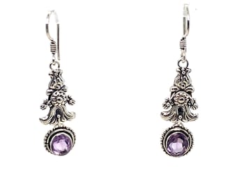 Vintage Sterling Drop Earrings Mexican Mazahua Floral Design with Amethyst