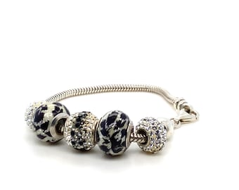 Vintage Sterling Silver Bead Bracelet with Sparkly Black, White, and Zebra Print Beads