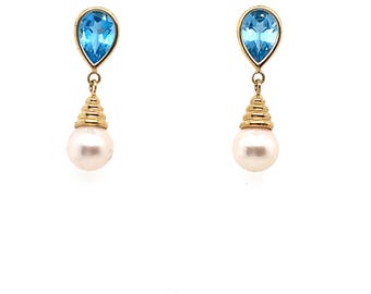 Vintage Gold Drop Earrings Blue Topaz and Cultured Pearl