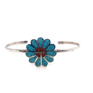 Vintage Sterling Silver Turquoise and Coral Inlaid Sun Face Dainty Cuff Bracelet