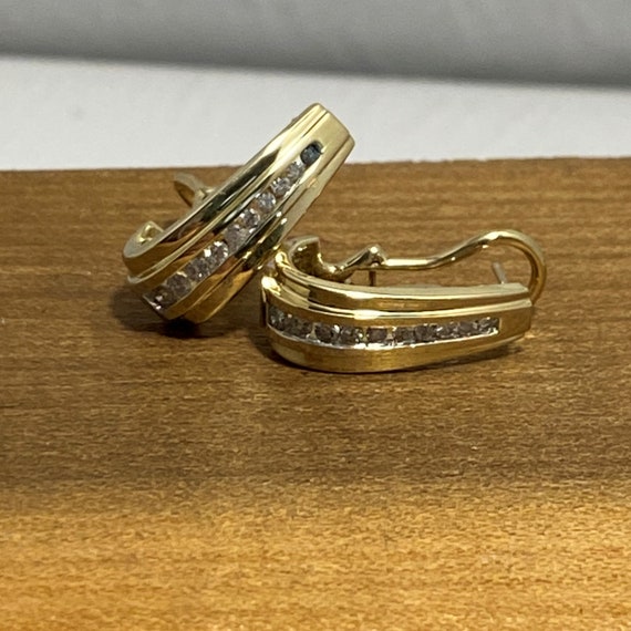 Vintage Yellow Gold J Hook Diamond Hoop Earrings - image 7