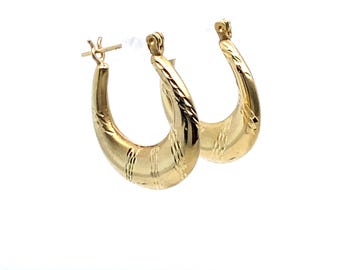 Vintage Gold Hoop Earrings Oval with Diamond Cut Detail
