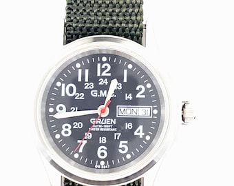 Vintage Silver Men's  Gruen Military Style Field Watch with Nylon Band