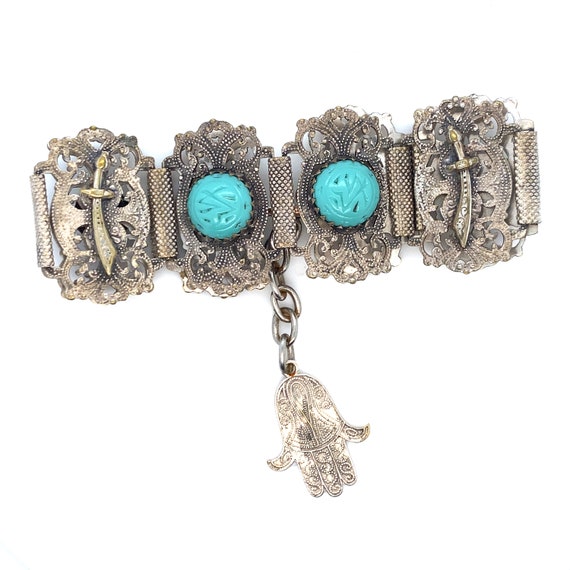 Vintage Wide Silver Toned and Turquoise Tribal In… - image 8