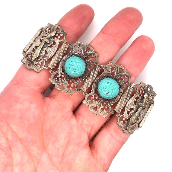 Vintage Wide Silver Toned and Turquoise Tribal In… - image 10