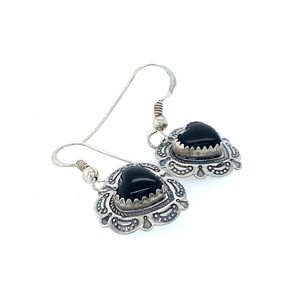 Vintage Sterling Silver Onyx Heart Drop Earrings - image 4