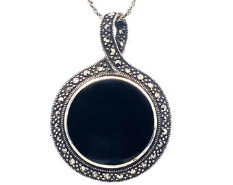 Vintage Sterling Double Sided Pendant with Onyx and Marcasite on 30 " Rope Chain