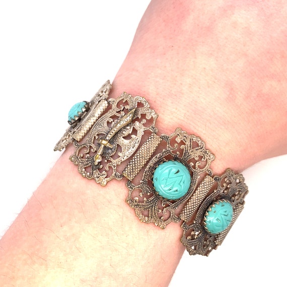 Vintage Wide Silver Toned and Turquoise Tribal In… - image 5