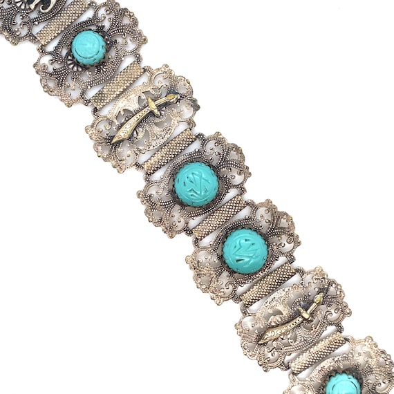 Vintage Wide Silver Toned and Turquoise Tribal In… - image 3