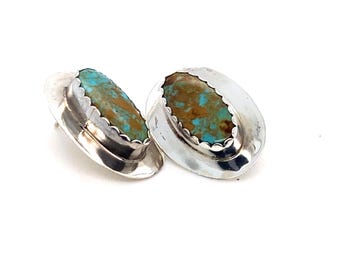 Vintage Sterling Stud Earrings with Bezel Set Turquoise