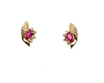Vintage Gold Stud Earrings Ruby with Diamond Accents