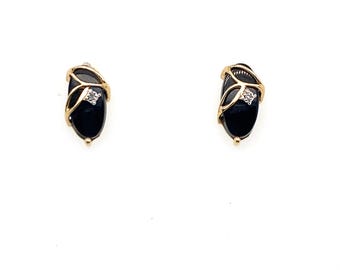 Vintage Gold Stud Earrings with Onyx and Accent Diamond
