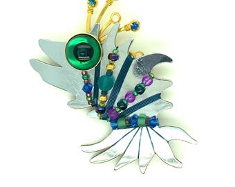 Vintage Brooch Liztech Crazy Angler Fish with Wire and Colorful Beads