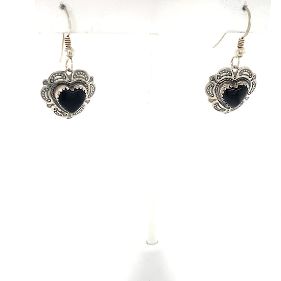 Vintage Sterling Silver Onyx Heart Drop Earrings - image 3