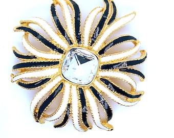 Vintage Brooch Oversized Gold Enameled Black and White Flower with Crystal