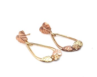 Vintage Gold Drop Earrings Black Hills Gold with Floral Motif