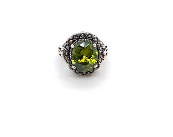 Vintage Sterling Statement Ring with Olive Peridot and Marcasite Size 6 3/4