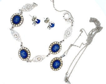 Vintage White Gold Overlay and Faux Blue Linde Star Jewelry Set From "Stars of India"