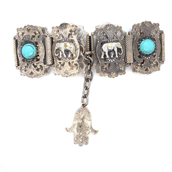 Vintage Wide Silver Toned and Turquoise Tribal In… - image 7