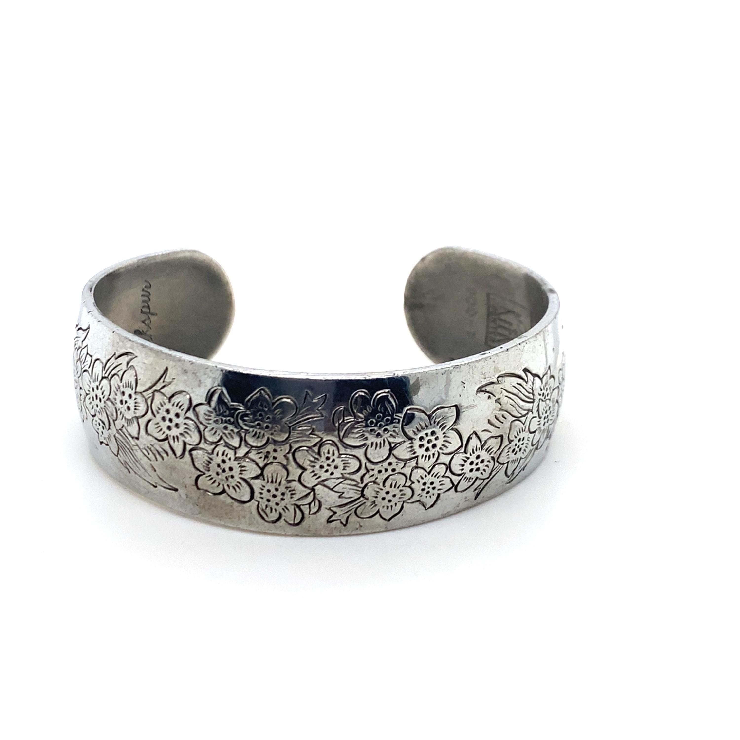 Vintage Kirk Stieff Wide Pewter Cuff Bracelet With Larkspur Design