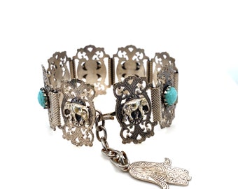 Vintage Wide Silver Toned and Turquoise Tribal Inspired Bracelet with Elephants