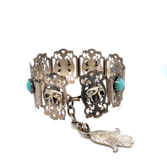 Vintage Wide Silver Toned and Turquoise Tribal In… - image 1