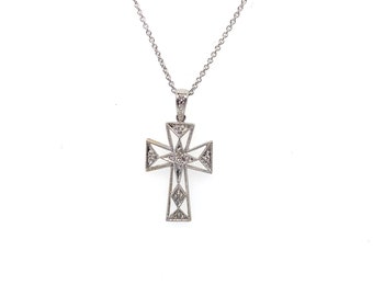 Vintage White Gold and Diamond Open Work Cross On Chain