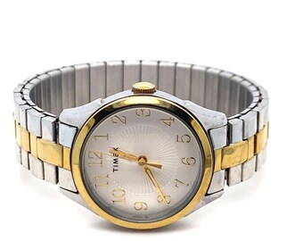 Vintage Women's Wrist Watch Two Tone Timex with White Dial and Stretch Band