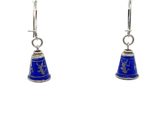 Vintage Sterling Drop Earrings Blue Enameled Siam Bells on Latch Wires