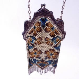 Antique Mandalian Lustro Pearl Enameled Mesh Purse - Silver Closure - Circa 1920&#39;s