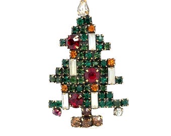 Vintage Weiss Rhinestone Christmas Tree Brooch Pin Gold Tone 6