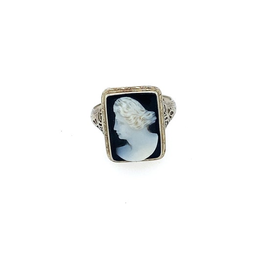 Vintage White Gold Onyx Filigree Cameo Ring - image 1