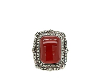 Vintage Sterling Silver Carnelian and Marcasite  Art Deco Styled Statement Ring