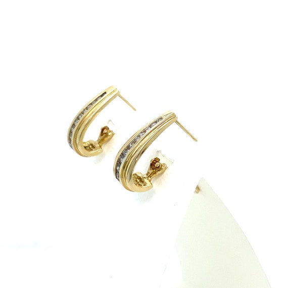 Vintage Yellow Gold J Hook Diamond Hoop Earrings - image 2