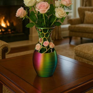 May include: A vibrant vase with a gradient of colors, holding a bouquet of pink and cream roses. The vase has a unique honeycomb design at the top. The arrangement sits on a dark wooden table in a well-lit room.