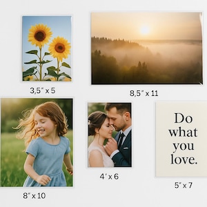 May include: A collection of framed prints of various sizes. The prints include a photo of sunflowers (3.5" x 5"), a landscape photo (8.5" x 11"), a photo of a young girl (8" x 10"), a photo of a couple (4' x 6"), and a print with the text "Do what you love" (5" x 7").