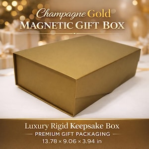 May include: A champagne gold magnetic gift box. The box is rectangular with a lid and is made of rigid material. The dimensions are 13.78 x 9.06 x 3.94 inches. The text on the box reads "Champagne Gold MAGNETIC GIFT BOX" and "Luxury Rigid Keepsake Box".