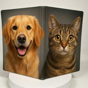 May include: A pet-themed passport holder featuring a golden retriever and a tabby cat. The cover is a dark gray with a stitched border. The dog is smiling with its tongue out, and the cat has wide eyes.