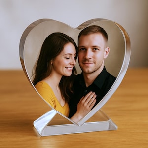 Bloco de fotos de acrílico personalizado em formato de coração – lembrança de foto personalizada para aniversário, aniversário ou memorial