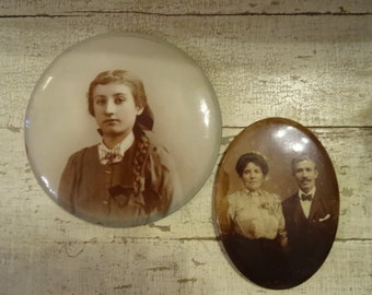 Vintage pair Victorian Photo Metal Portraits Shabby