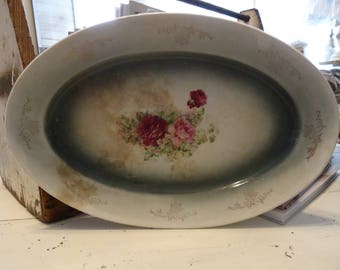 Vintage Shabby Cottage Chic Crazed Rose Platter