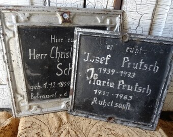 Vintage Antique German Mourning Funeral Metal Plaques Pr